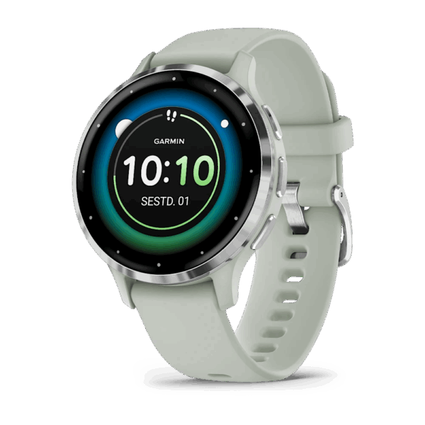 Garmin Venu 3S Sage Gray Passivated Sudraba nerūsējošā tērauda ietvars ar zaļpelēku korpusu un silikona pulksteņa siksniņu