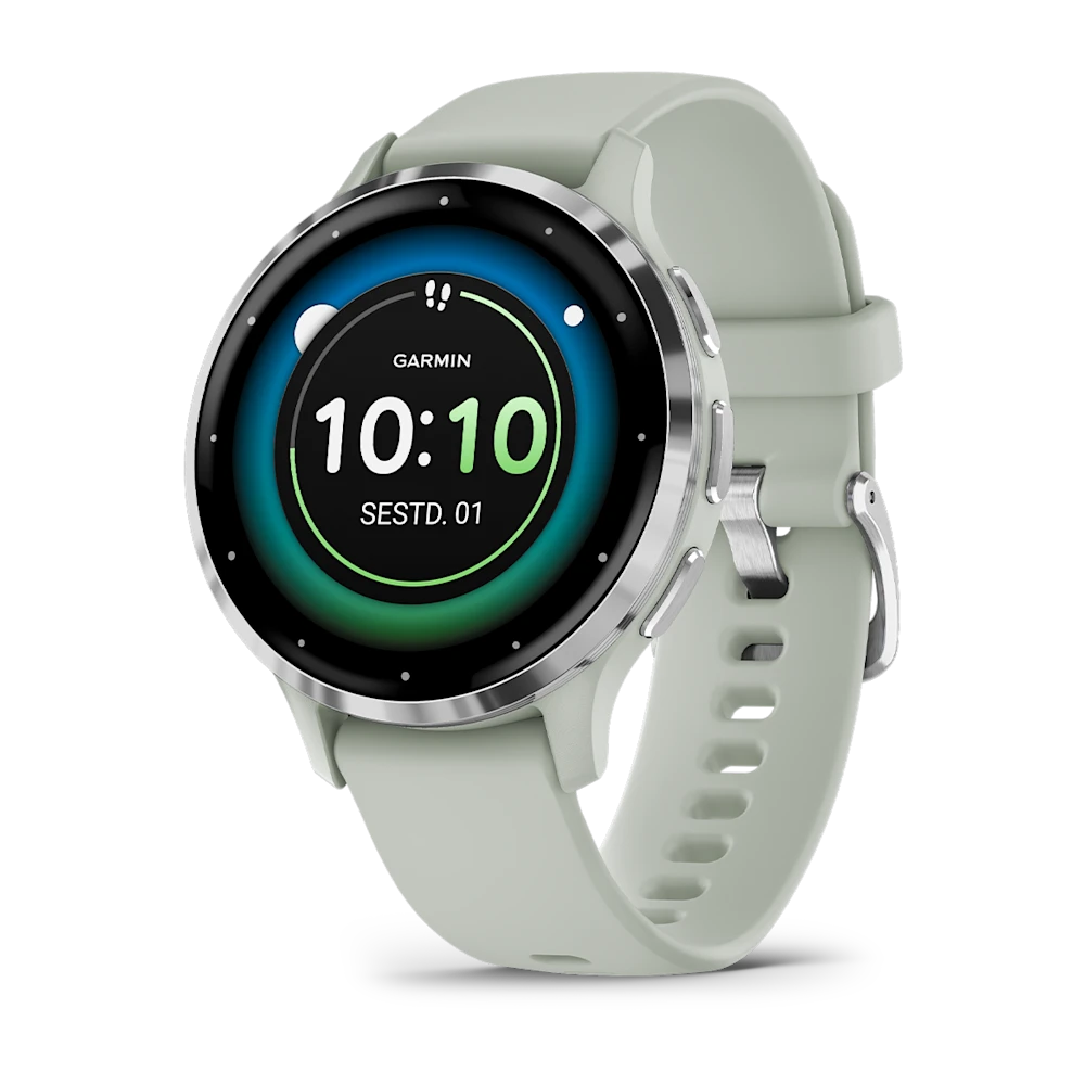 Garmin Venu 3S Sage Gray Passivated Sudraba nerūsējošā tērauda ietvars ar zaļpelēku korpusu un silikona pulksteņa siksniņu