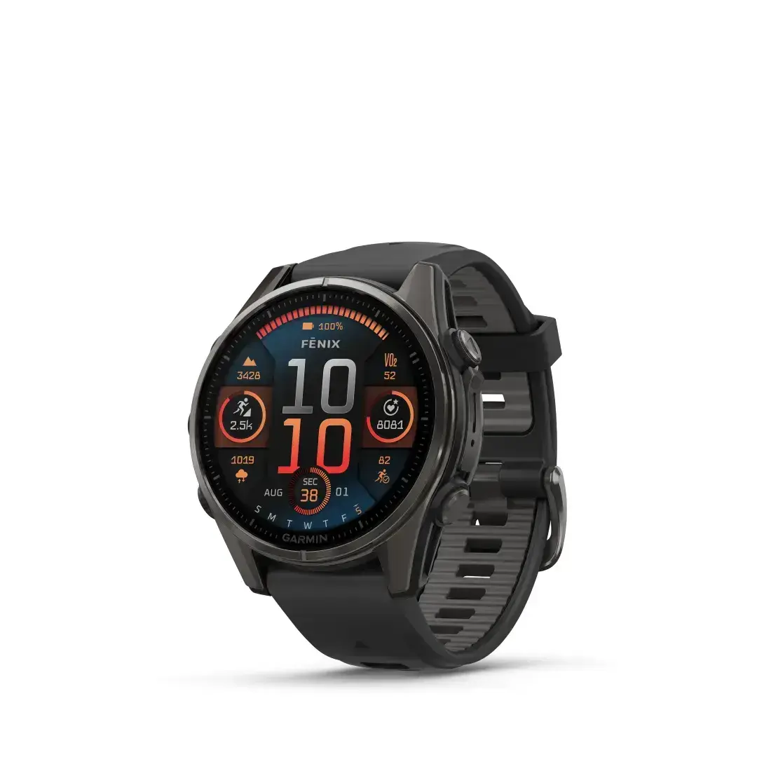 Garmin Fenix 8 AMOLED Sapphire Carbon Gray Black 43mm Ogles pelēkas krāsas DLC titāna pārklājums ar melnu siksniņu 43mm