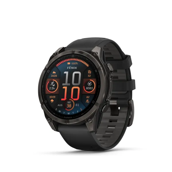 Garmin Fenix 8 AMOLED Sapphire Carbon Gray Black 47mm Ogles pelēkas krāsas DLC titāna pārklājums ar melnu siksniņu 47mm