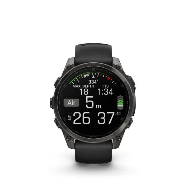 Garmin Fenix 8 AMOLED Sapphire Carbon Gray Black 51mm Ogles pelēkas krāsas DLC titāna pārklājums ar melnu siksniņu 51mm