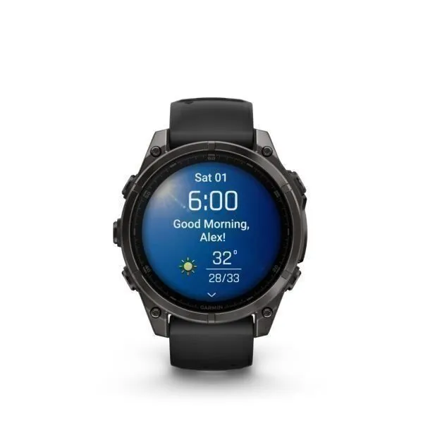 Garmin Fenix 8 AMOLED Sapphire Carbon Gray Black 51mm Ogles pelēkas krāsas DLC titāna pārklājums ar melnu siksniņu 51mm
