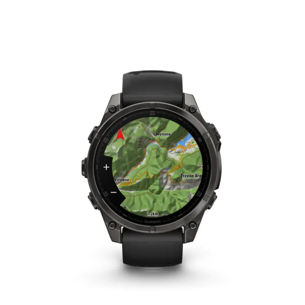 Garmin Fenix 8 AMOLED Sapphire Carbon Gray Black 51mm Ogles pelēkas krāsas DLC titāna pārklājums ar melnu siksniņu 51mm