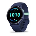 Garmin Vivoactive 5 Navy Blue Metāliskas tumši zilas krāsas alumīnija ietvars ar tumši zilu korpusu un silikona pulksteņa siksniņu