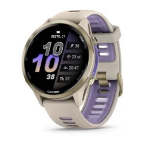 Garmin Forerunner 970 French Gray Maigi zeltains titāns ar franču pelēku ietvaru un franču pelēku/caurspīdīga indigo siksniņu
