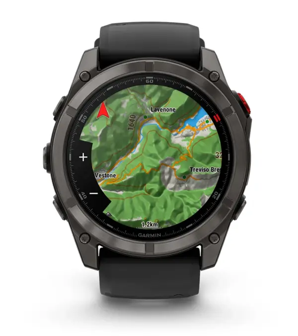 Garmin Fenix 8 Pro AMOLED Sapphire Carbon Gray Black 47mm Ogles pelēks DLC titāna pārklājums ar silikona siksniņu melnā / maigi pelēkā krāsā